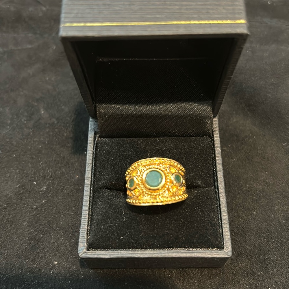 Gold and Green Byzantine-Inspired Statement Ring